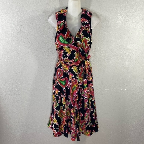 Ralph Lauren Black Pink Multi Paisley Silk Ruffle Wrap Dress 6 RR16 - Picture 5 of 13
